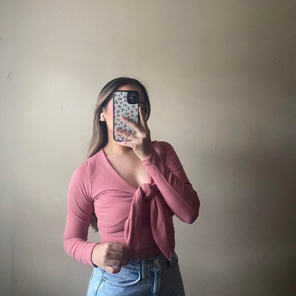 Pink Tie front Rib Long sleeve Top